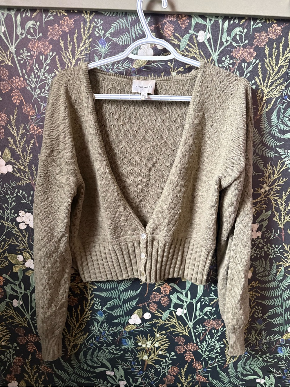 Pink Rose Olive Green Knit Cropped Cardigan